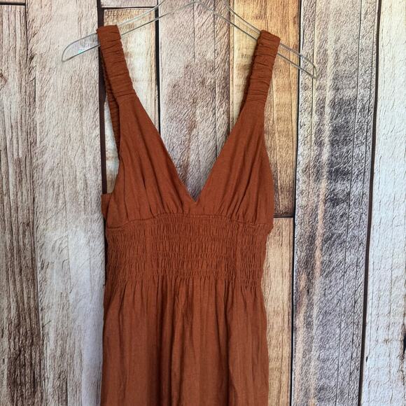 Abercrombie & Fitch Dress Smocked Linen Blend Scrunchy Strap Midi XS Fall NWT - Picture 3 of 9